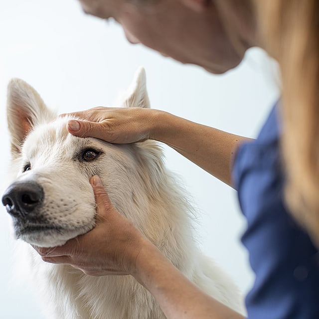 Une personne caressant un chien.