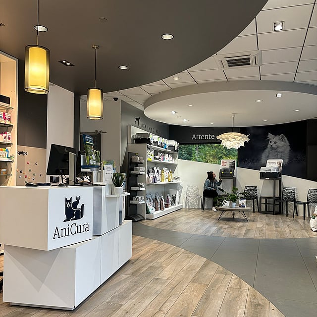 Un magasin avec une personne assise devant un bureau.