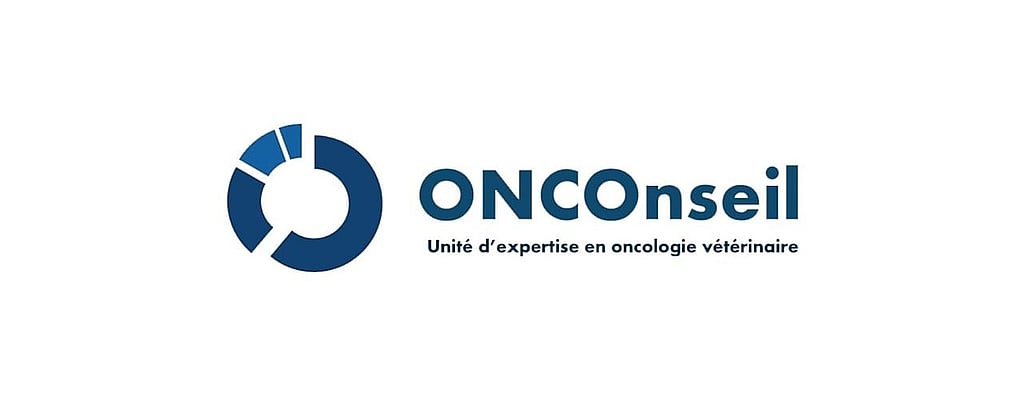 Un logo avec des cercles bleus et du texte blanc.